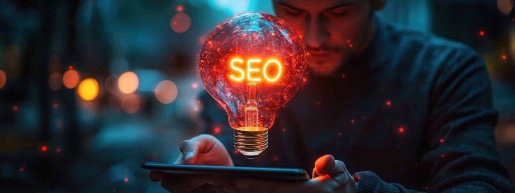 Glowing lightbulb with SEO text above tablet device