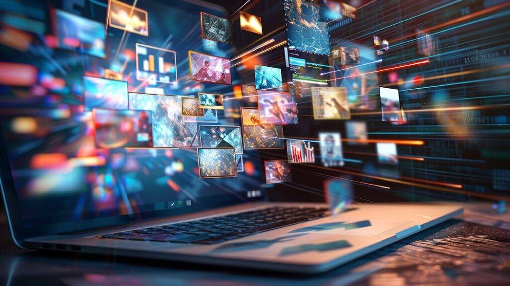 Laptop displaying floating digital screens and multimedia content