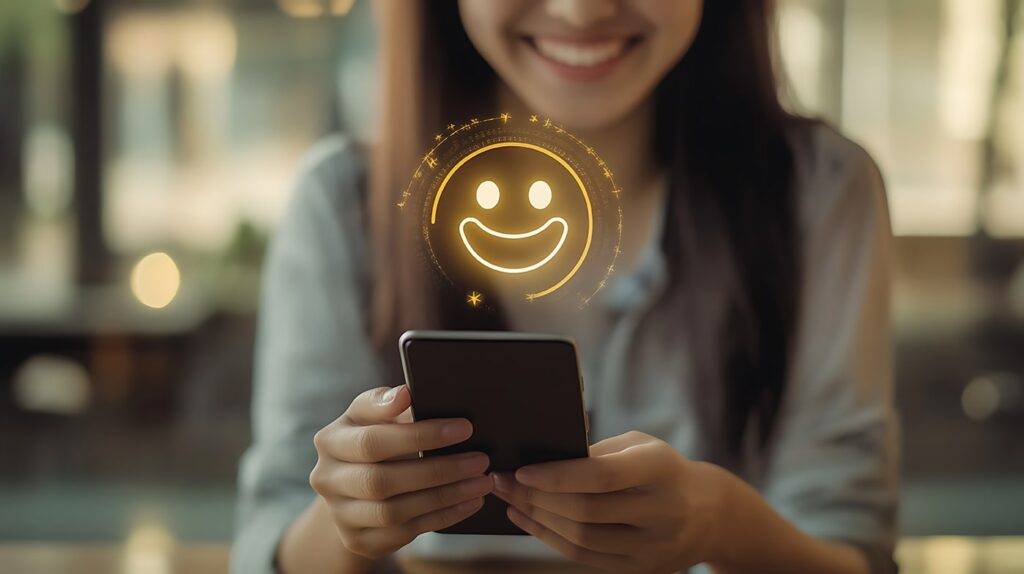 Woman holding smartphone with happy face emoji hologram