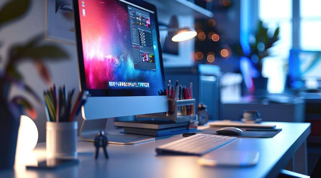 Modern computer workstation with colorful screen and office supplies