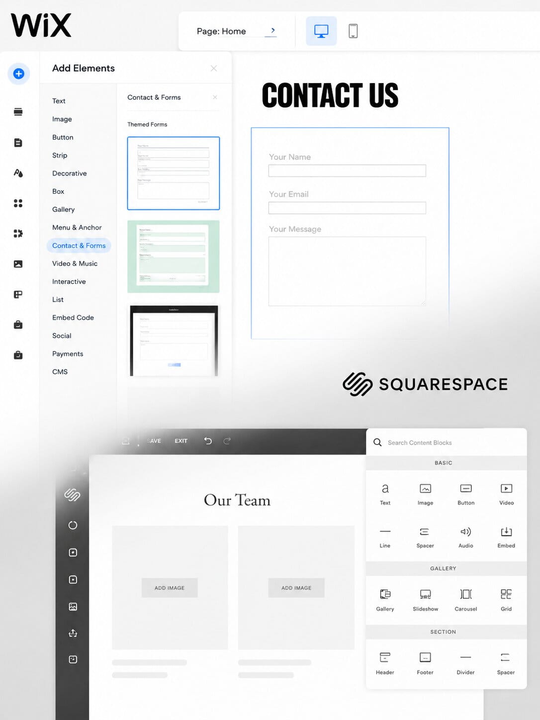 Visual comparison of Wix and Squarespace website builder platforms